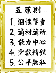 五原則／1.個性尊重 2.適材適所 3.能力中心 4.少数精鋭 5.公平無私